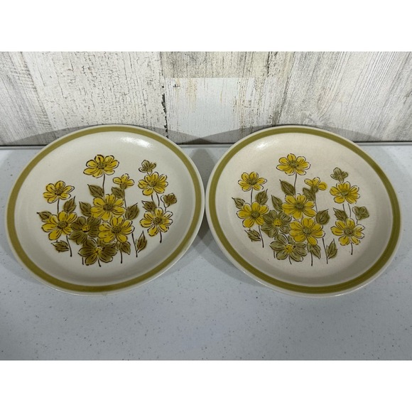 Spring Bouquet Stoneware Yellow Floral Green Band Bread & Butter Plate Set of 2 - Picture 2 of 7